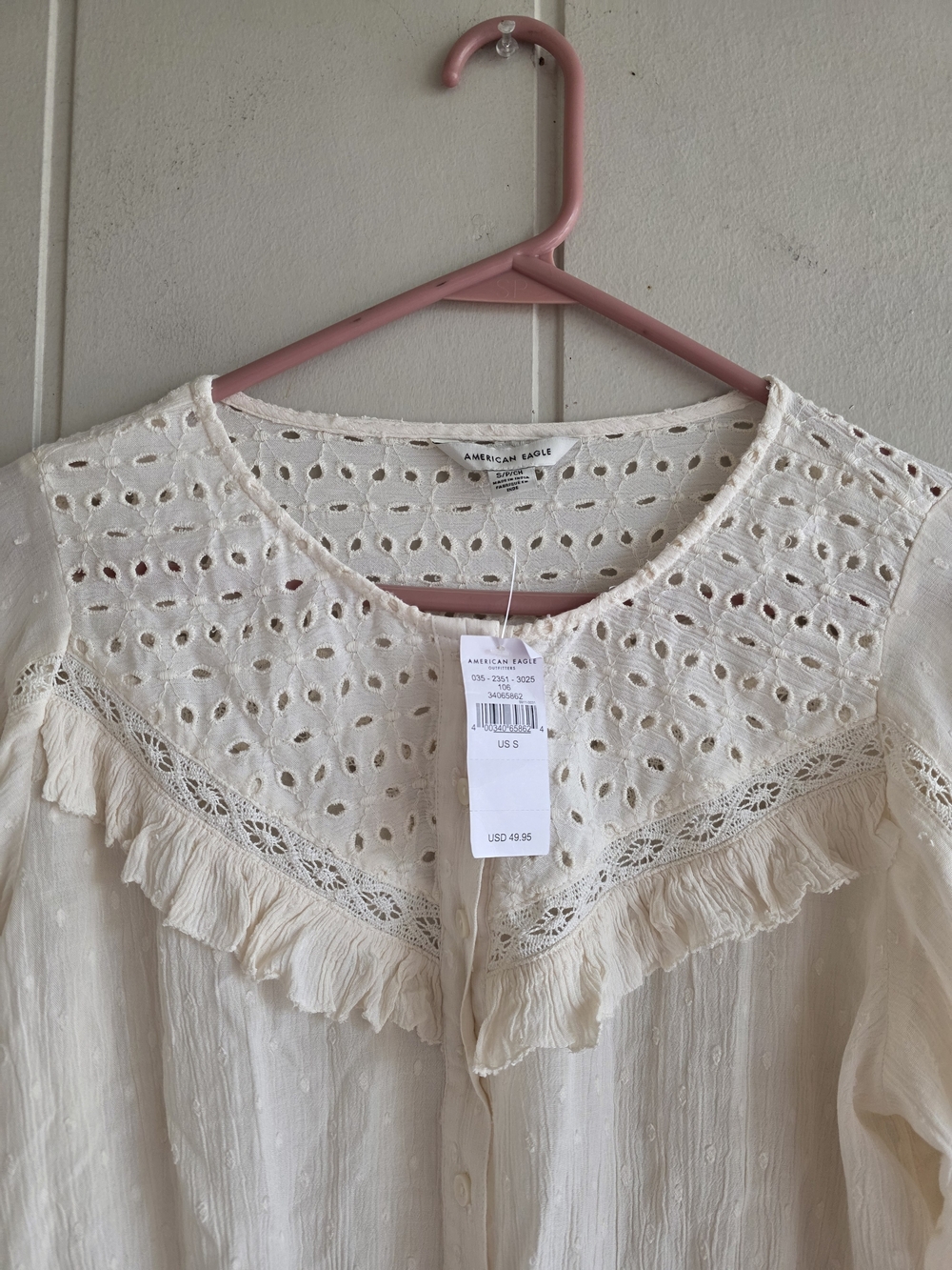 American Eagle Outfitters Peasant Eyelet Button-Front Blouse SZ SMALL NEW BOHO - Picture 2 of 11